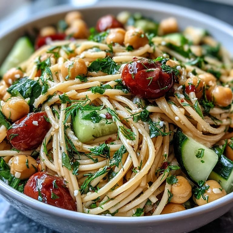 Close-up of Lemon Herb Chickpea Pasta Salad, showing emulsified lemon dressing clinging to the protein-packed pasta and veggies.