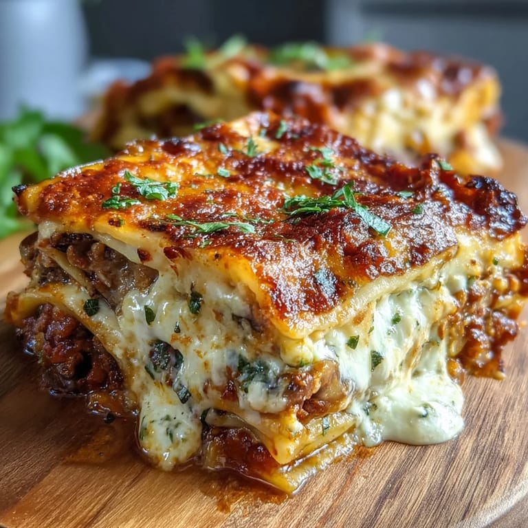 A rustic skillet of one-pan smoky veggie lentil lasagne with melted cheese and rich béchamel, ready to serve for a family dinner.