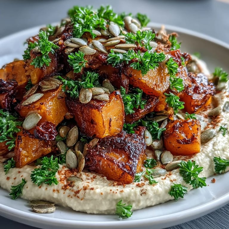Roasted squash and hummus winter salad garnished with toasted seeds and fresh parsley for a crunchy finish.