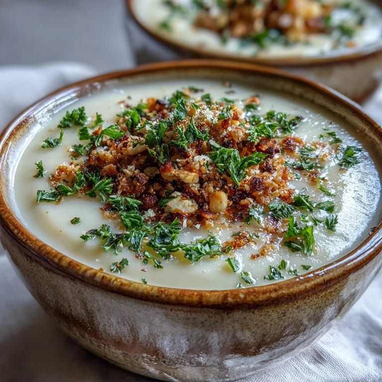 Velvety roasted celeriac soup with crunchy hazelnut crumble, garnished with parsley in a rustic white bowl.  