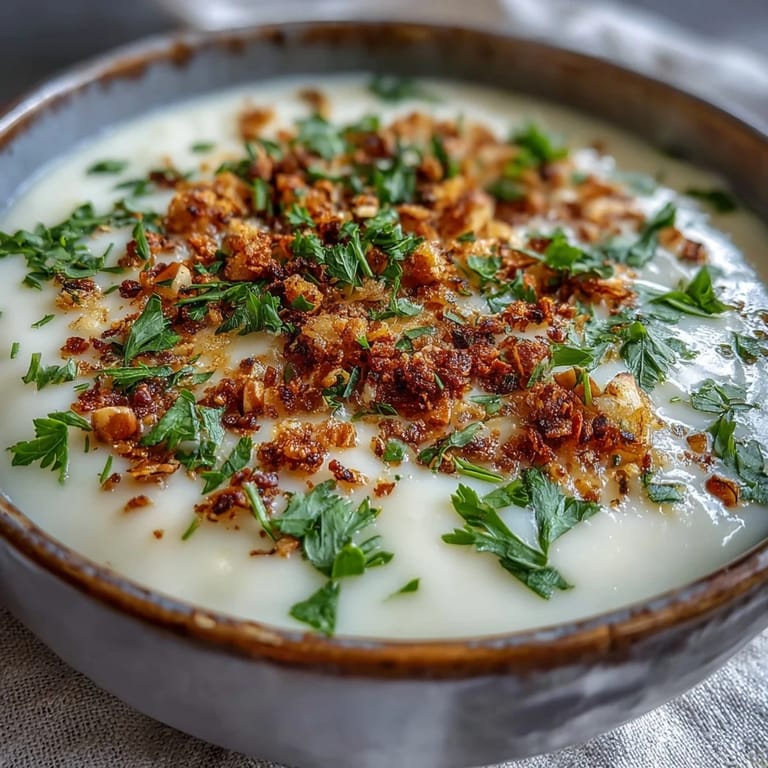 Silky celeriac soup with buttery hazelnut crumble, served hot as a comforting vegetarian main or starter.