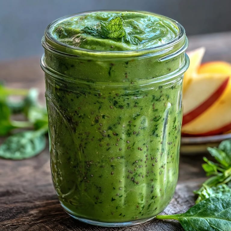 Close-up shot of the creamy green detox smoothie with visible spinach and romaine, garnished with a lemon wedge and a sprinkle of chia seeds.