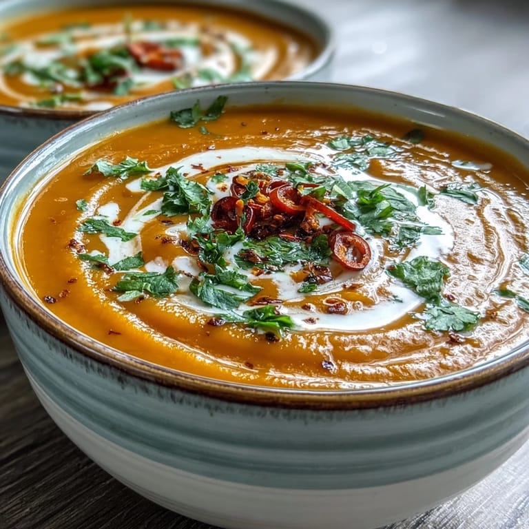 This creamy vegan soup, served in a rustic bowl, features the warm spices of cumin and turmeric.  