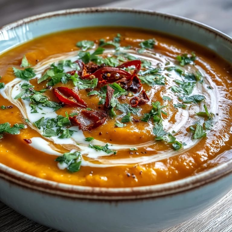 Steaming bowl of homemade Carrot, Celeriac, and Chilli Soup ready to serve, topped with fresh herbs.