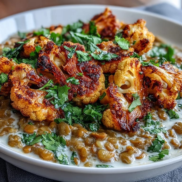 Golden, crispy cumin-roasted cauliflower florets served over a steaming bowl of aromatic red lentil dhal.  