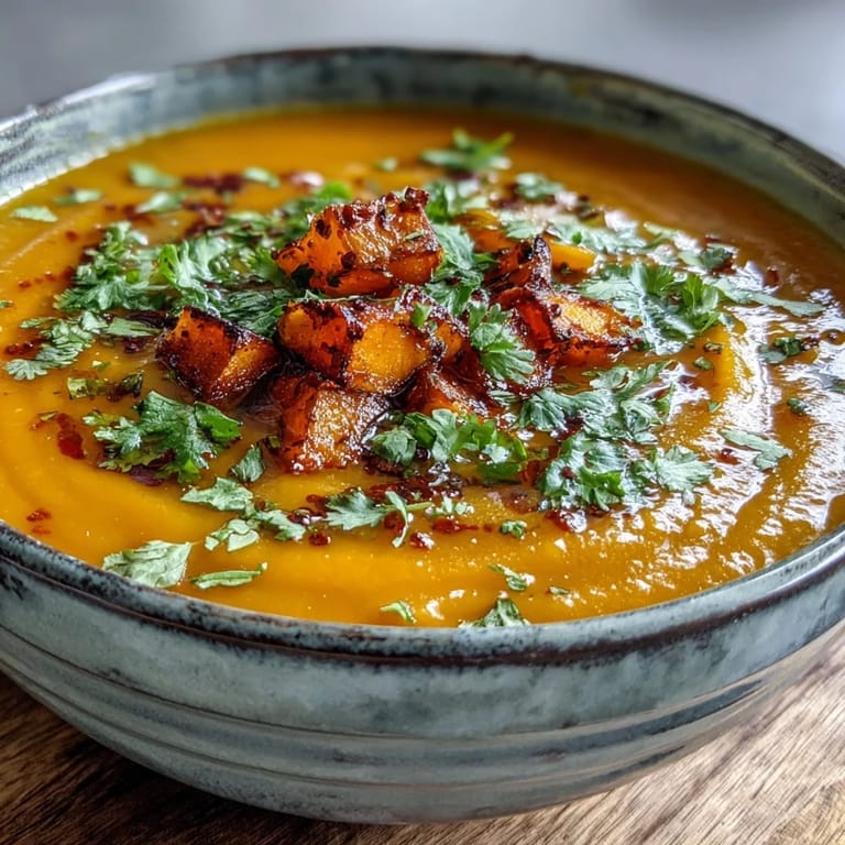 Butternut squash and lentil soup simmering in a pot, featuring roasted vegetables and warming spices.  