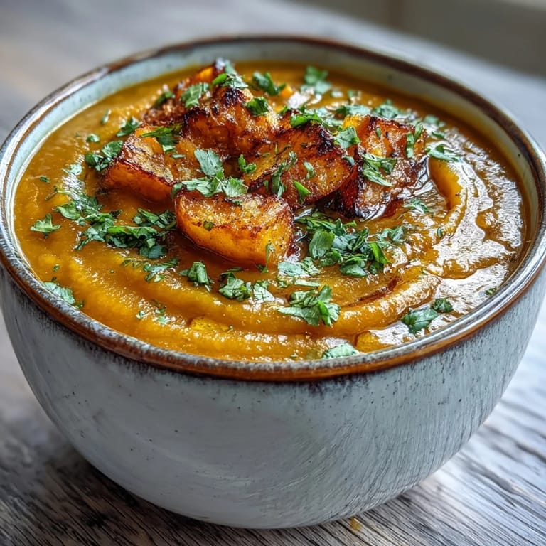 Creamy butternut squash and lentil soup served in a rustic bowl, ready for a healthy vegan meal.