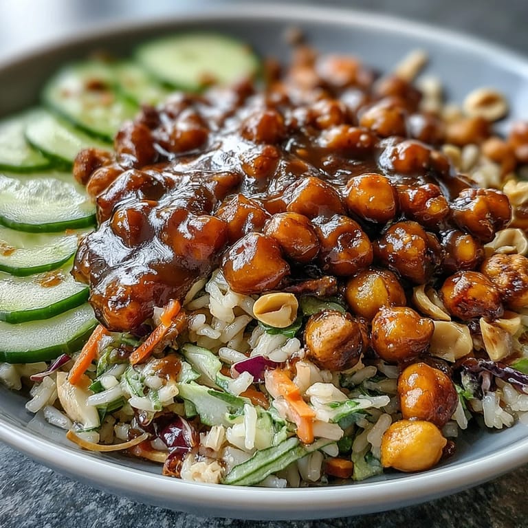 Close-up of a vibrant Peanut Chickpea Rice Bowl featuring fluffy brown rice, chickpeas, peanuts, carrots, cabbage, and cucumber.