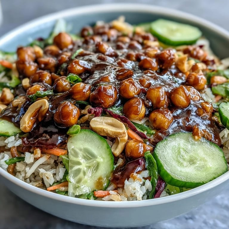 Colorful Peanut Chickpea Rice Bowl served in a bowl, topped with crunchy peanuts and fresh cilantro, ready for a healthy meal.