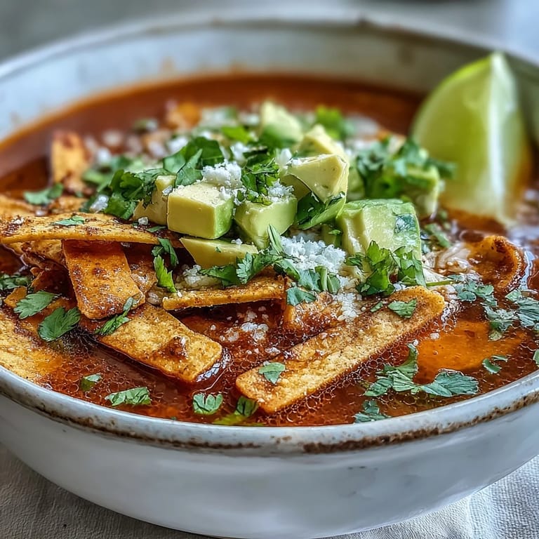 A close-up of Sopa Azteca reveals a vibrant red broth ladled over crunchy tortilla strips, with fresh cilantro, lime wedges, and crumbled panela cheese garnish.