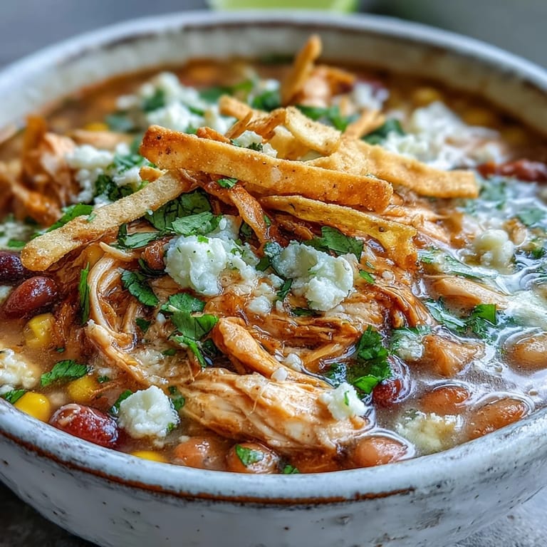 A ladle pours rich Chicken Tortilla Soup into a rustic bowl, revealing tender chicken, pinto beans, and corn in a red broth.