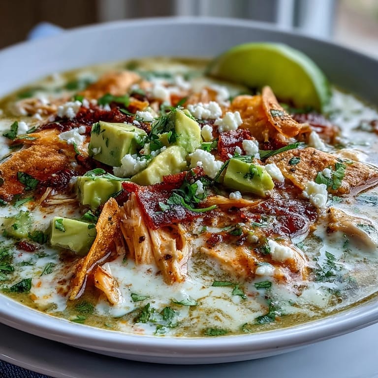 Creamy Chicken Tortilla Soup steams in a white bowl, garnished with avocado, cilantro, and lime wedges.