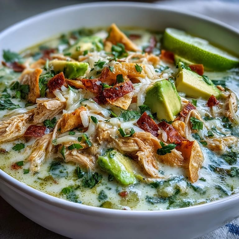 Creamy Chicken Tortilla Soup is ladled from a pot, revealing tender chicken in a green salsa broth.