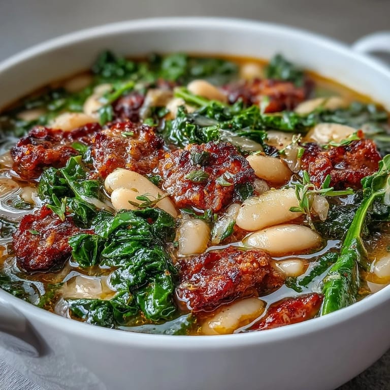 Hearty Italian White Bean Soup with Kale and Sausage in a rustic pot. Steam rises from the broth, highlighting creamy beans and vibrant green kale leaves.