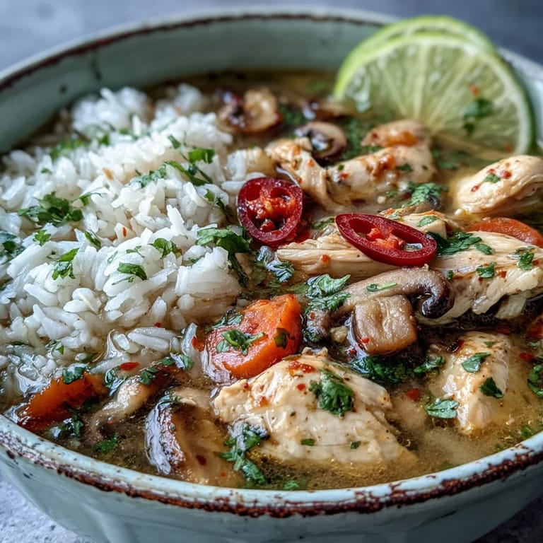 A bowl of Thai Coconut Curry Soup garnished with fresh cilantro and lime wedges on a rustic wooden table.