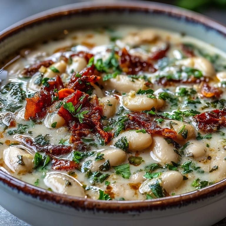 A steaming bowl of Creamy Tuscan White Bean Soup garnished with grated Parmesan and herbs, served with crusty bread.