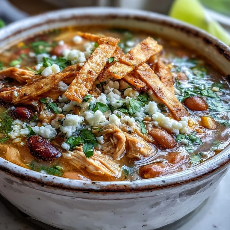 Close-up of Chicken Tortilla Soup garnished with sliced avocado, a squeeze of lime, and melted cotija cheese against a warm, inviting backdrop.