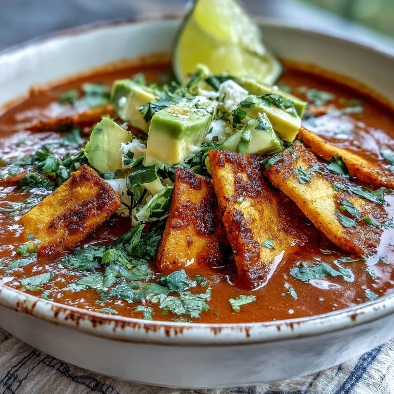 A steaming bowl of Sopa Azteca is ready to serve, garnished with creamy avocado, panela cheese, and cilantro, alongside crispy tortilla strips for dipping.