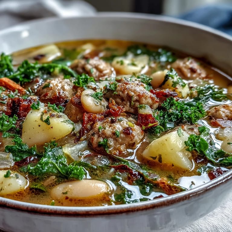 Hearty Tuscan White Bean Sausage Soup simmering in a pot with diced potatoes, carrots, and a ladle ready to serve.
