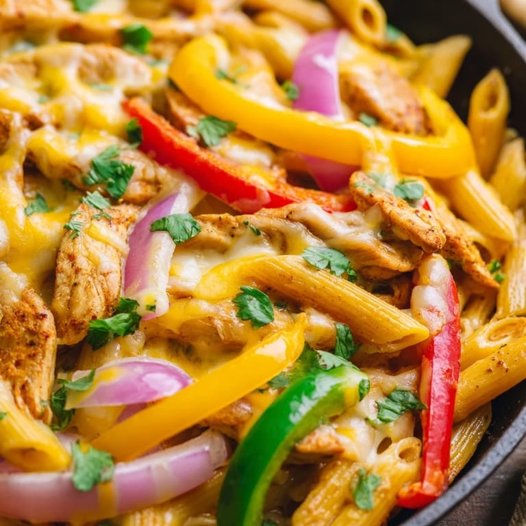 In this one-pan Fajita Chicken Pasta Skillet, tender penne noodles are tossed with vibrant peppers and juicy chicken strips.