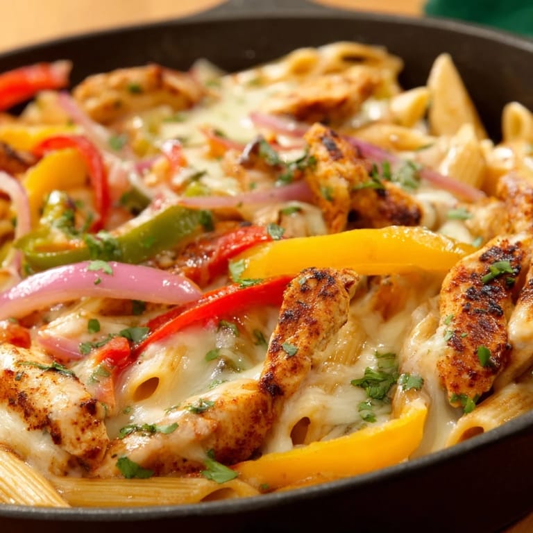 Ready to serve, the Fajita Chicken Pasta Skillet is garnished with fresh cilantro and lime wedges, perfect for weeknight dinners.