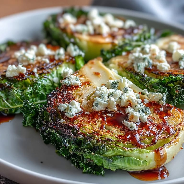 Close-up of Crispy Cabbage Steaks With Feta and Balsamic revealing crunchy texture, melted cheese, and glistening glaze, ideal for a Mediterranean-inspired vegetarian dinner.