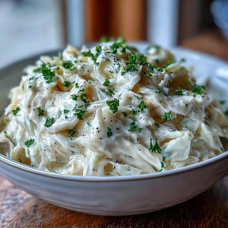 Tender Creamed Cabbage tossed in a creamy sauce, garnished with fresh parsley and served as a comforting side.