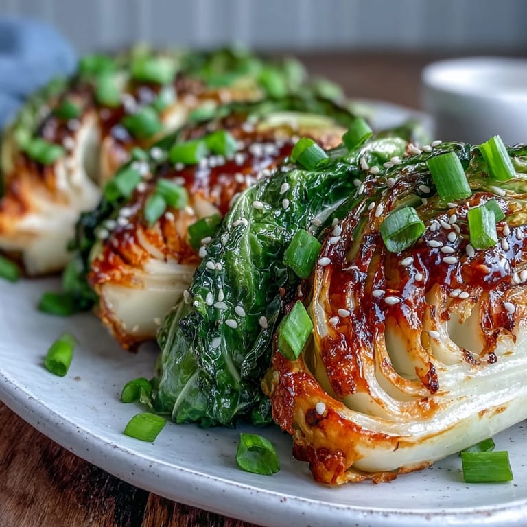 Roasted Miso Butter Roasted Cabbage Wedges garnished with sesame seeds and scallions.