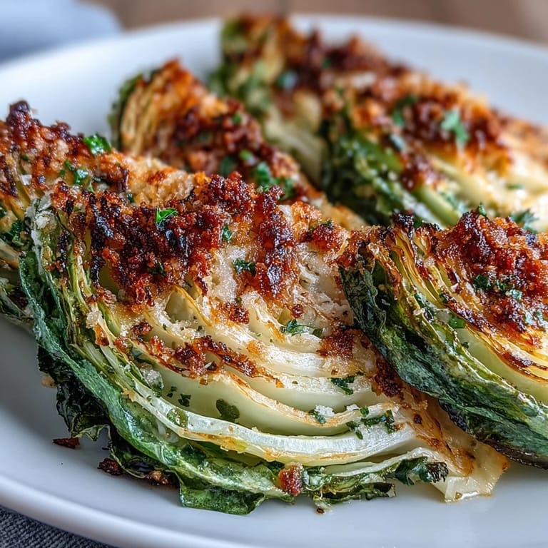 Savory Roasted Garlic Parmesan Cabbage Wedges feature tender leaves and a crunchy, cheesy topping seasoned with fragrant herbs.