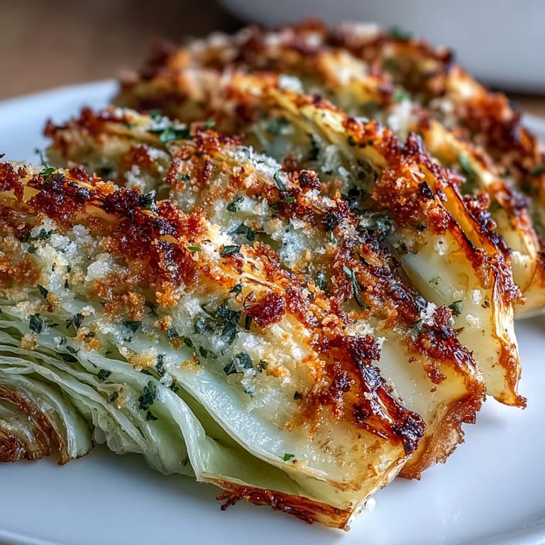 Freshly baked Roasted Garlic Parmesan Cabbage Wedges are steaming on a baking sheet, brushed with garlic-infused olive oil.