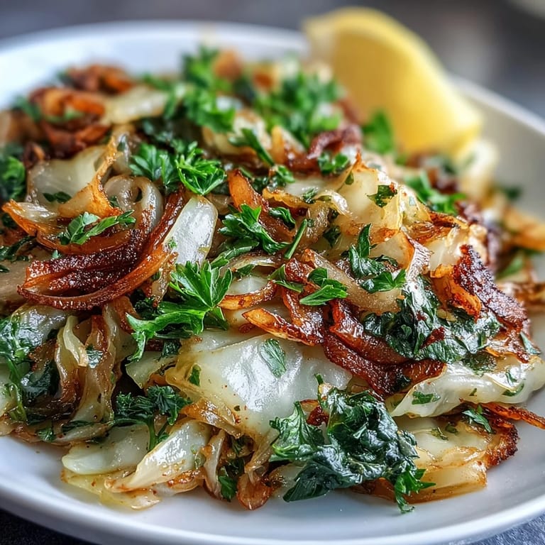 Tender cabbage with garlic and Mediterranean spices served on a white plate next to grilled chicken and lemon slices.