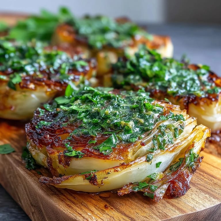 Thick-cut cabbage steaks roasted to perfection, topped with spicy jalapeño chimichurri on a rustic plate.