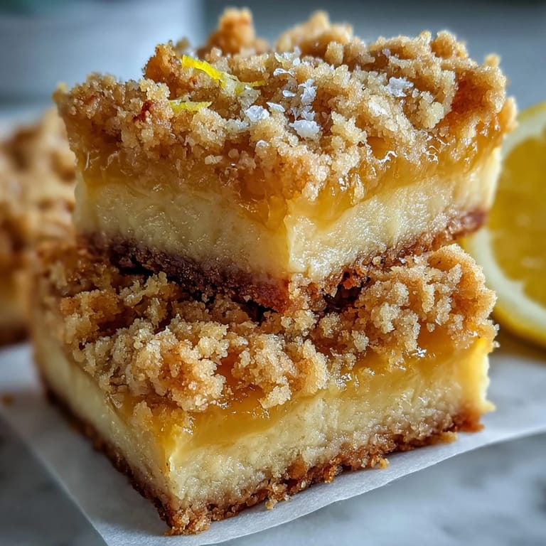 Homemade Lemon Crumb Bars are cut into squares, revealing a tart lemon layer and buttery crumbs, ready to be enjoyed.