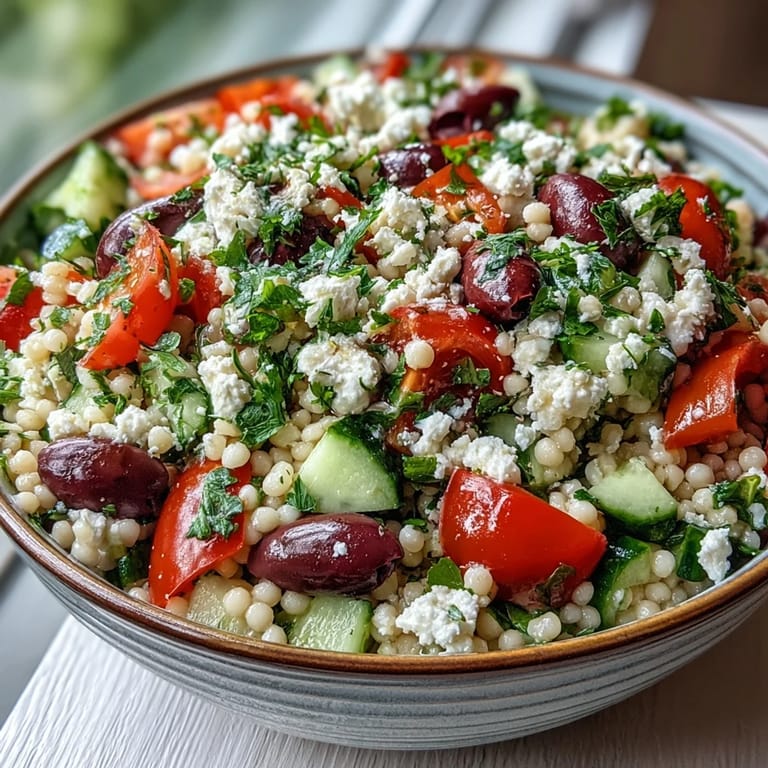 Fluffy toasted pearls of Mediterranean Pearl Couscous topped with feta and fresh parsley, ready to serve.