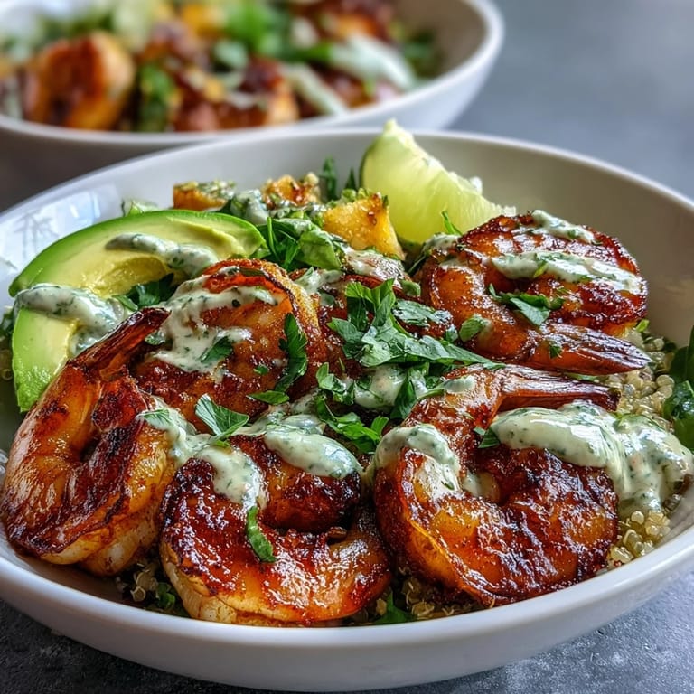 Fresh shrimp and avocado bowl with mango salsa and zesty lime chili sauce, garnished with lime.