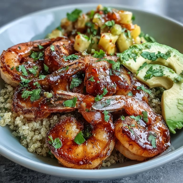 Savory grilled shrimp with sliced avocado, fluffy quinoa, and juicy mango salsa in a bowl.