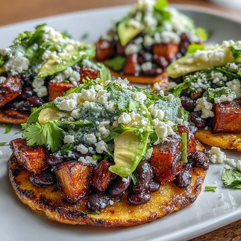 Close-up of Black Bean and Sweet Potato Tostadas, garnished with cilantro and crumbled feta.
