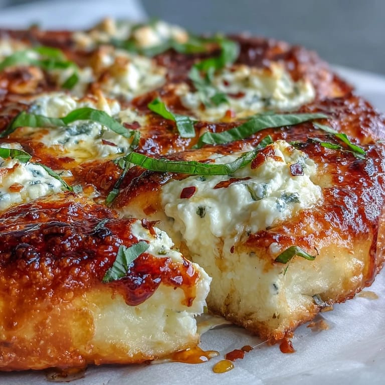 Hot Honey Ricotta Pizza sliced and served with fresh basil leaves, ready to drizzle with spicy honey.