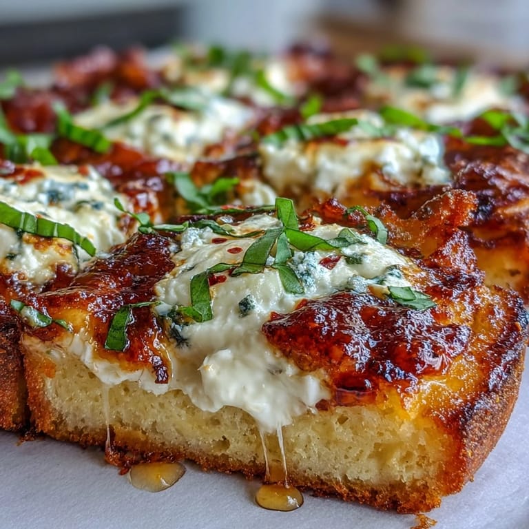 A close-up of Hot Honey Ricotta Pizza showing creamy ricotta, melted cheese, and a drizzle of warm honey.