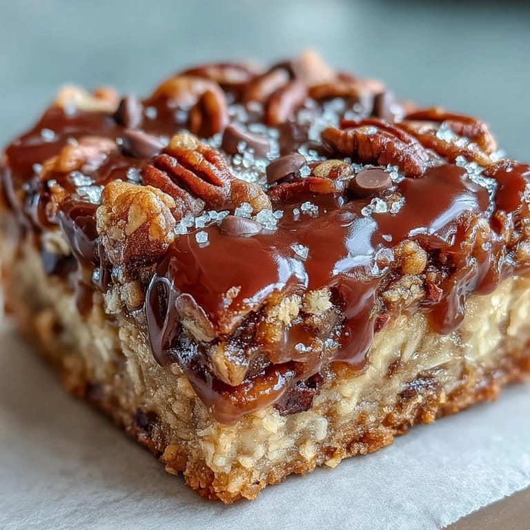 Overhead view of Decadent Sweet and Chewy Turtle Bars with Chocolate and Caramel, baked golden and cut into neat squares ready to serve.