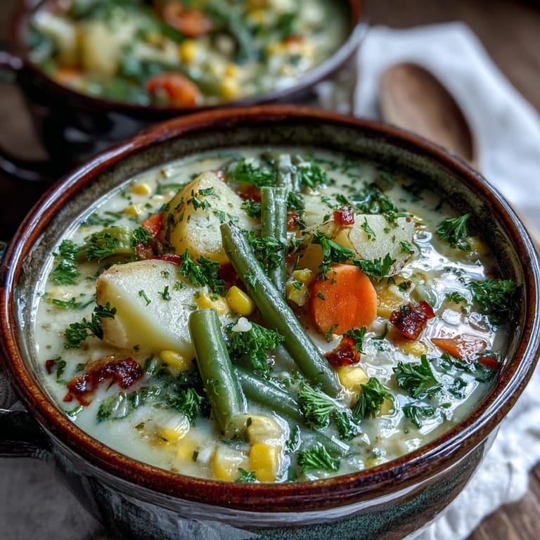 Overhead view of Amish Snow Day Soup in a rustic pot, ready to be served with crusty bread for dipping.