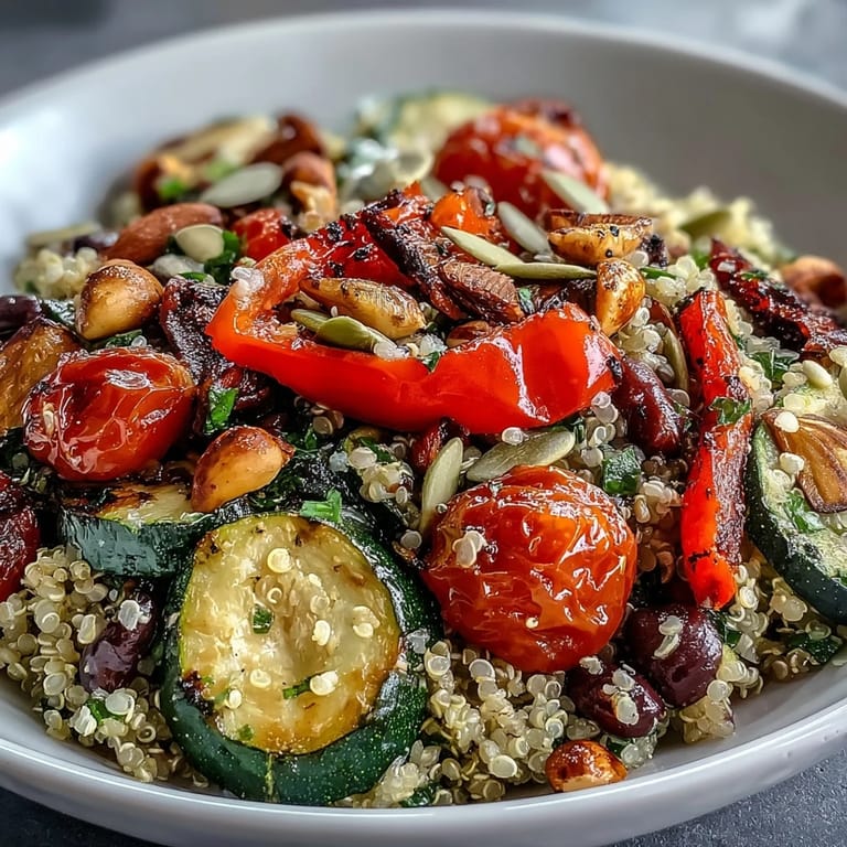 Serving suggestion of a fresh Veggie and Quinoa Power Bowl in a white ceramic bowl, highlighting colorful roasted vegetables and protein-rich beans ready to eat.