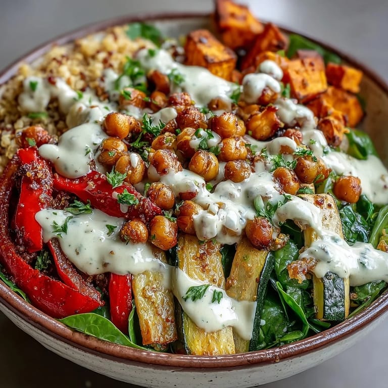 A healthy vegan Roasted Chickpea Power Bowl served over baby spinach, ready for a nutritious lunch.