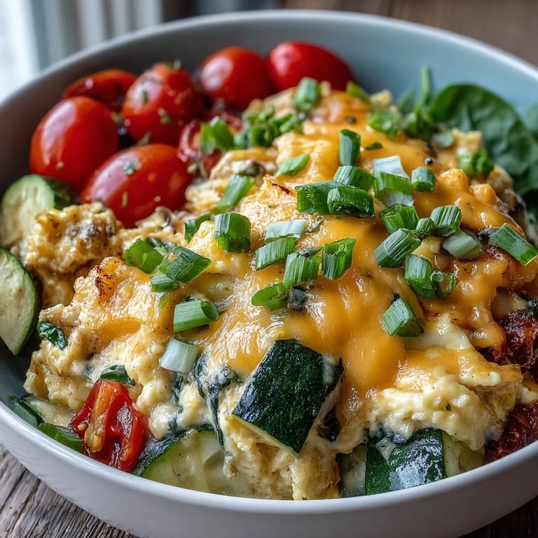 Close-up of a nourishing Scrambled Egg and Veggie Bowl topped with green onions and fresh spinach.