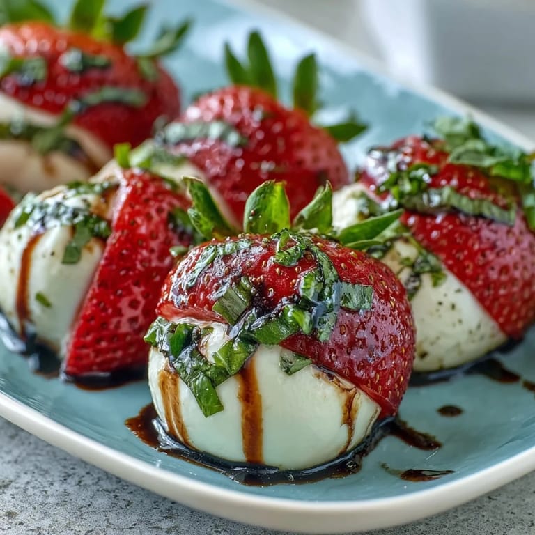 Sweet and savory Strawberry Caprese Skewers: Fresh strawberries, creamy mozzarella, and basil, drizzled with rich balsamic glaze.