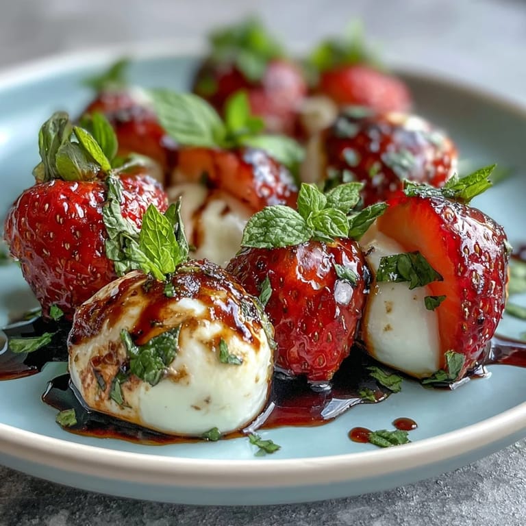 Vibrant Strawberry Caprese Skewers: Fresh strawberries and mozzarella balls on skewers, garnished with basil and balsamic drizzle.