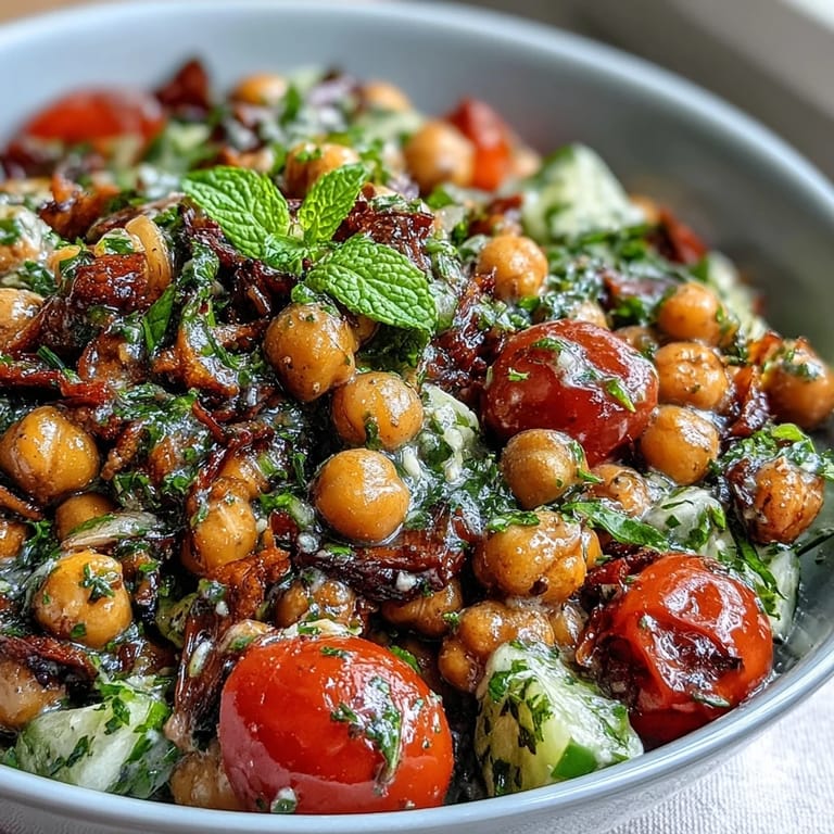 Close-up of Healthy Easy Cucumber Chickpea Salad with Lemon Vinaigrette, showcasing colorful vegetables, hearty chickpeas, and fresh herbs in a bright, refreshing presentation.