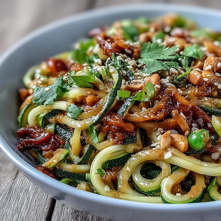 Spiralized zucchini noodles tossed in a rich, savory peanut sauce with crunchy snap peas, bell peppers, and fresh cilantro for an easy vegetarian meal.