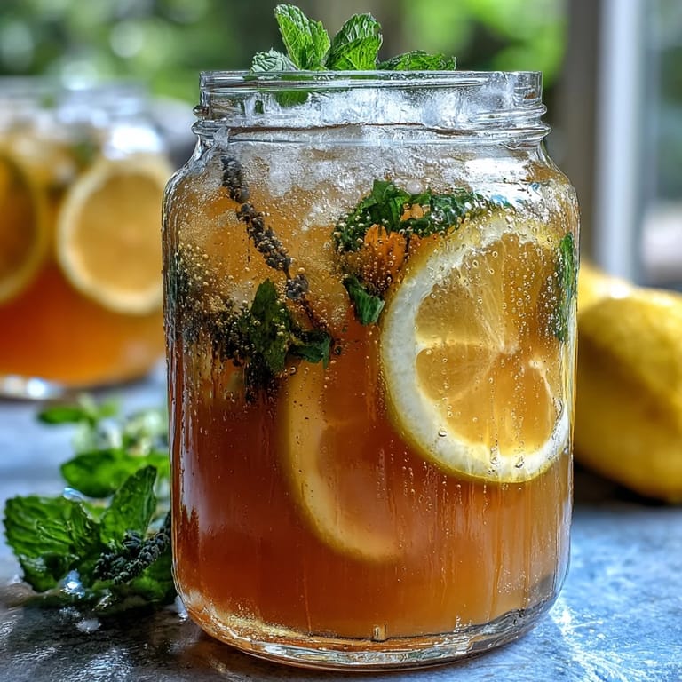 Refreshing lavender honey lemonade with ice cubes and a sprig of fresh mint, served in a tall glass with a lemon twist.