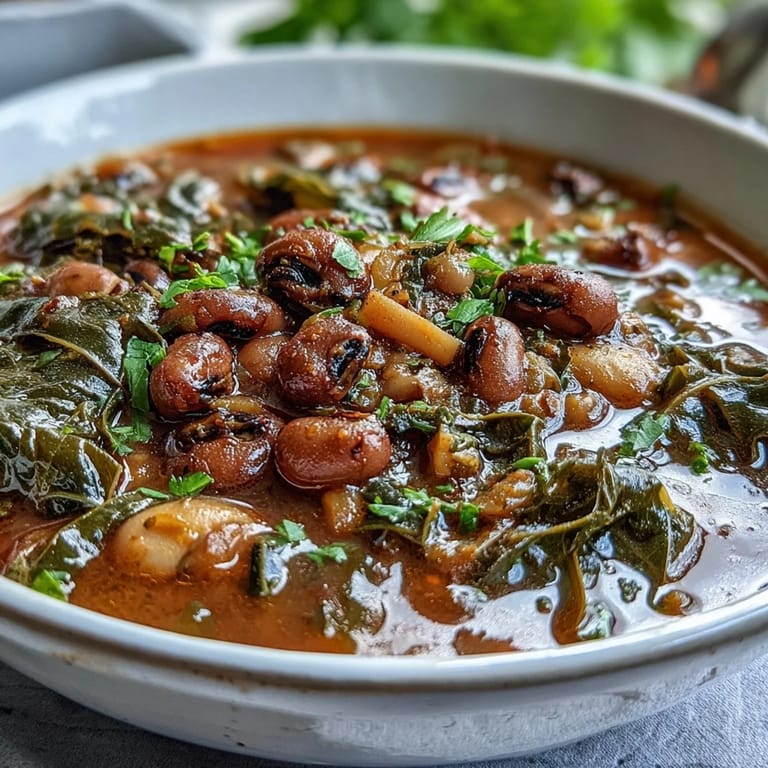 Warm bowl of black-eyed pea and collard green stew, perfect for chilly days and family gatherings.